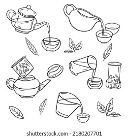Tea ceremony doodle illustrations. Brewing Chinese tea hand drawn set set