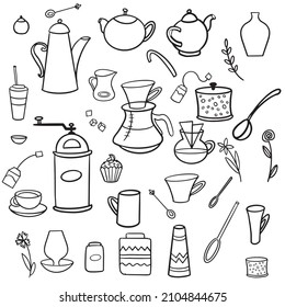 Ceremonia del té, garabatos. Descanso para el café. Tetera, taza, café, jarrón, cuchara, bolso de té, tazón de azúcar. Artículos para tomar té en una línea.