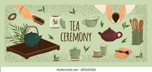 Tea ceremony equipment set vector illustration. Traditional japanese and chinese tea utensils and accessories, teapot, ceramic cup, spoon. Hand drawn banner and poster