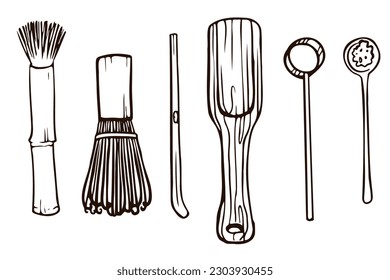 Tea ceremony equipment set. Vector set of organic tea spoon, spatula, whisk. Healthy drink illustration for package, wallpaper, poster, menu design. 