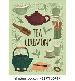 Tea ceremony flat vector and traditional accessory