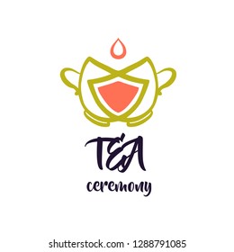 Tea ceremony. Freehand drawn abstract image pair tea cup with shield on front view. Concept template design logo for corporate identity shop, boutique, restaurant menu