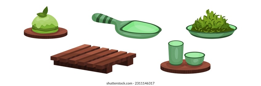 Tea Ceremony with Green Cake, Wooden Board, Scoop, Cup and Plate with Dry Leaf Vector Set
