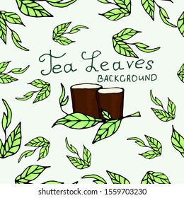 Tea ceremony and green tea leaves with cups for a drink. Seamless pattern, hand-drawn illustration.