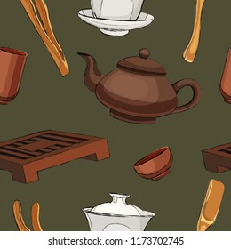 Tea ceremony hand drawn seamless pattern. China tea wrapping paper, tea shop wallpaper. Colorful background for traditional chinese cafe. Tea tools, utensils vector illustration.