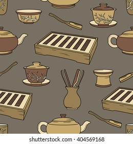 Tea ceremony hand drawn seamless pattern. Colorful background vector with objects, chinese tradition. Design illustration, crockery icons. Decorative wallpaper, good for printing