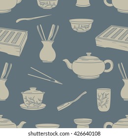 Tea ceremony hand drawn seamless pattern. Big collection sketch objects. Vector illustration chinese tradition with tea icon