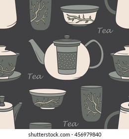 Tea ceremony hand drawn seamless pattern. Big collection sketch objects. Vector illustration chinese tradition