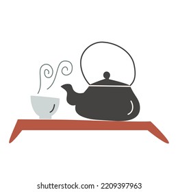 Juego dibujado a mano para la ceremonia del té, íconos de doodle de tetera y taza en mesa baja, íconos vectoriales para la meditación de la degustación y la relajación, lineas aisladas clipart sobre fondo blanco