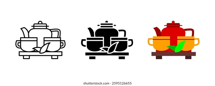 Tea ceremony icon. Traditional teapot and cups on a serving tray. Cultural ritual symbolizing relaxation and hospitality. Green, black or herbal tea vector pictogram for Asian tea culture themes.