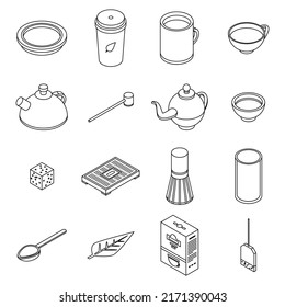 Tea ceremony icons set. Isometric set of tea ceremony vector icons outline isolated on white background