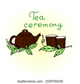 Tea ceremony icons vector. Tea ceremony and green tea leaves with a teapot and cups. Hand-drawn vector illustration.