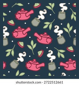 Teezeremonie inspiriert mit Matcha-Elementen. Perfekt für Küchentextilien, Café-Menüs, Verpackungspapier und Teeverpackungsdesign.