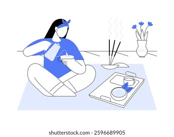 Tea ceremony isolated cartoon vector illustrations. Beautiful girl sitting at the tea ceremony after doing yoga, leisure time, cups and thermos around, relax after training vector cartoon.