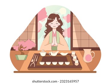 Ceremonia del té. Mujer japonesa preparando y bebiendo té en la mesa de kotatsu. Cultura asiática tradicional, maceta de té verde caliente, tazas pequeñas y cucharas. Ilustración vectorial plana