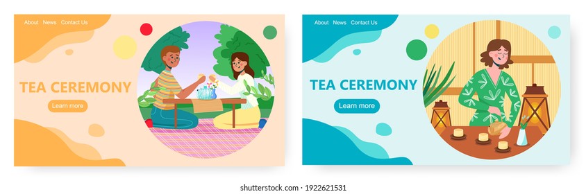 Tea ceremony landing page design, website banner vector template set. Asian culture and traditions.