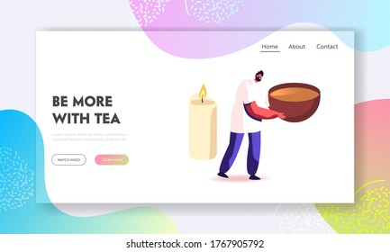 Tea Ceremony Landing Page Template. Asian Culture, Tradition and Tea Drinking Ritual. Tiny Male Character Carry Huge Cup with Hot Steaming Drink front of Burning Candle. Cartoon Vector Illustration