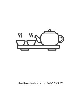 Tea ceremony line icon. Teapot, cups on the tray.