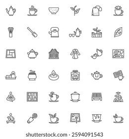 Tea Ceremony line icons set. linear style symbols collection, outline signs pack. Oriental tea service vector graphics. Set includes icons as Teapot, Matcha Bowl, Herbal Tea Leaves, Japanese Kettle 