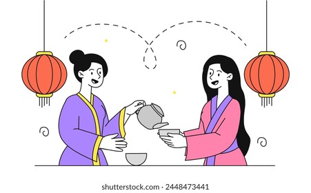 Tea ceremony linear. Women with hot drinks in ceramics cups or mugs. Girls with herbal tea. Asian and chinese traditions and culture. Doodle flat vector illustration isolated on white background