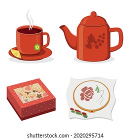Tea ceremony mug, teapot and cookie box, color vector isolated illustration