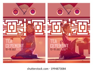 Tea ceremony posters with girl in kimono and traditional wooden furniture of chinese living room. Vector flyers with cartoon illustration of japanese geisha, teapot on table and red fan on wall