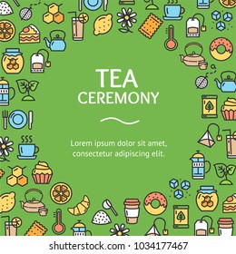 Tea Ceremony Round Design Template Line Icon Frame or Border Concept. Vector illustration of Aroma Tasty Drink Culture