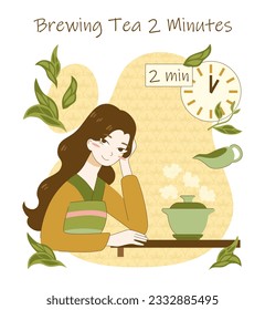 Tea ceremony rules and process. Japanese or chinese female character in kimono preparing and brewing green tea. Traditional asian culture. Flat vector illustration