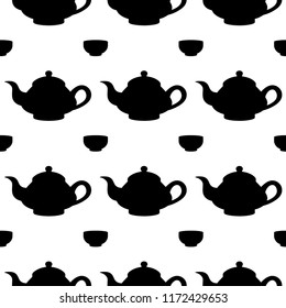 Tea ceremony seamless pattern. China tea wrapping paper, tea shop wallpaper. Black and white tea ornament, teapot and cup geometric pattern.