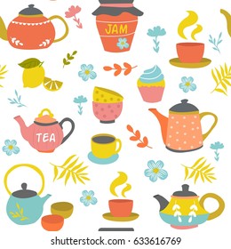 Tea ceremony seamless pattern of sweet things herbs ceramic pots and cups on white background vector illustration