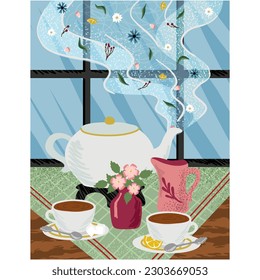 Tea ceremony served table vector cartoon poster