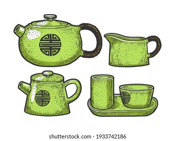 Tea ceremony set color sketch engraving vector illustration. Asian culture ritualized form of making tea. T-shirt apparel print design. Scratch board style imitation. Black and white hand drawn image.