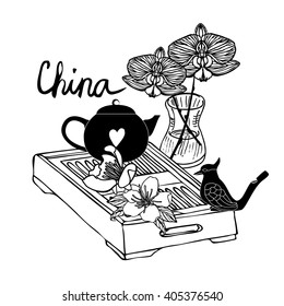 Tea ceremony set with hand written word China. Stock vector illustration.