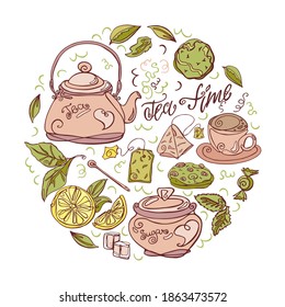 Teezeremonie auf weißem Hintergrund. Handgezeichnet. Vektorgrafik.