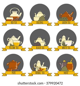 Tea ceremony set with teapots and cups in hand drawn style. Kinds of tea: green, red, yellow, puer, black. Chinese asian culture concept. Logo or card design