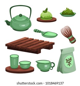 Tea ceremony set, tea time symbols and accessories cartoon vector Illustrations