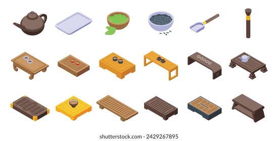 Iconos de mesa de ceremonia de té conjunto vector isométrico. Beber el interior de casa. Muebles asiáticos