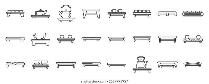 Conjunto de ícones de mesa de cerimônia de chá. Conjunto de acessórios de cerimônia de chá que mostram várias bandejas de serviço, chaleiras, copos e itens essenciais para uma experiência de chá tradicional