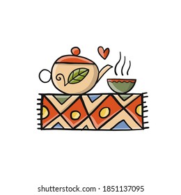 Tea ceremony. Teapot with cup, sketch for your design. Vector illustration