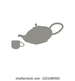 Tea ceremony. Teapot and cups or ceramic mugs with tea. Beautiful Japanese ceramic tableware.