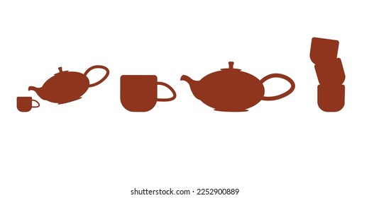 Tea ceremony. Teapot and cups or ceramic mugs with tea. Beautiful Japanese ceramic tableware.