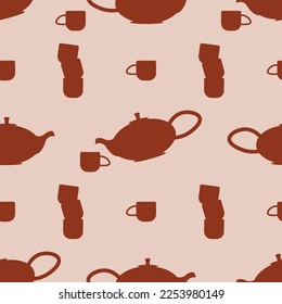 Tea ceremony. Teapot and cups or ceramic mugs with tea. Beautiful Japanese ceramic tableware.