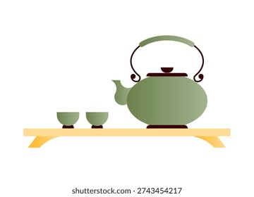 Tea Ceremony Teapot and Teacup Set on Table, Japan Japanese Culture Teatime Clip Art, Minimal Gradient Style. Flat Vector Illustration Isolated for Poster, Banner, Print