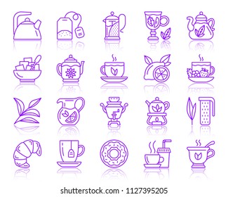 Tea ceremony thin line icons set. Outline vector violet sign of cup. Tea time linear icon collection includes doughnut lemon mint. Simple tea purple contour symbol with reflection isolated on white