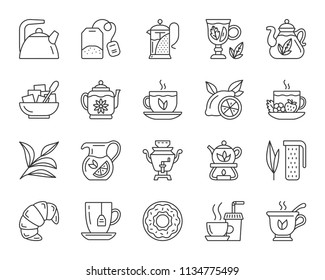 Tea ceremony thin line icons set. Outline sign kit of cup. Tea time linear icon collection includes teaspoon sugar bowl, samovar. Simple tea black contour symbol isolated on white. Vector Illustration