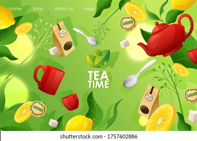 Tea ceremony time concept landing cartoon vector illustration. Kettle lemon slice sweet white sugar spoon coffee pot. Business web banner company button home, info and contact concert internet site.
