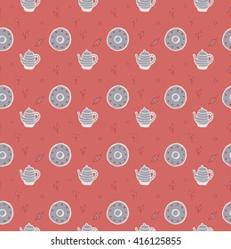 Tea ceremony. Tea. Tea time. Vector seamless illustration, which shows: tea, kettle, plate. Cute bright picture. 