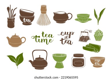 Tea ceremony vector design elements. Set hand drawn silhouette illustration