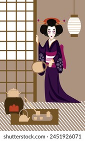 Ceremonia del té. Ilustración vectorial con geisha en una casa de té.
