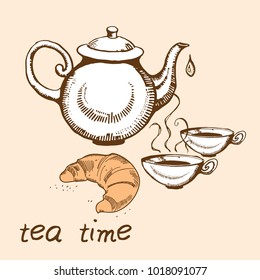 Tea ceremony vector illustration with teapot, cups, bakery. Hand drawing, sketch.